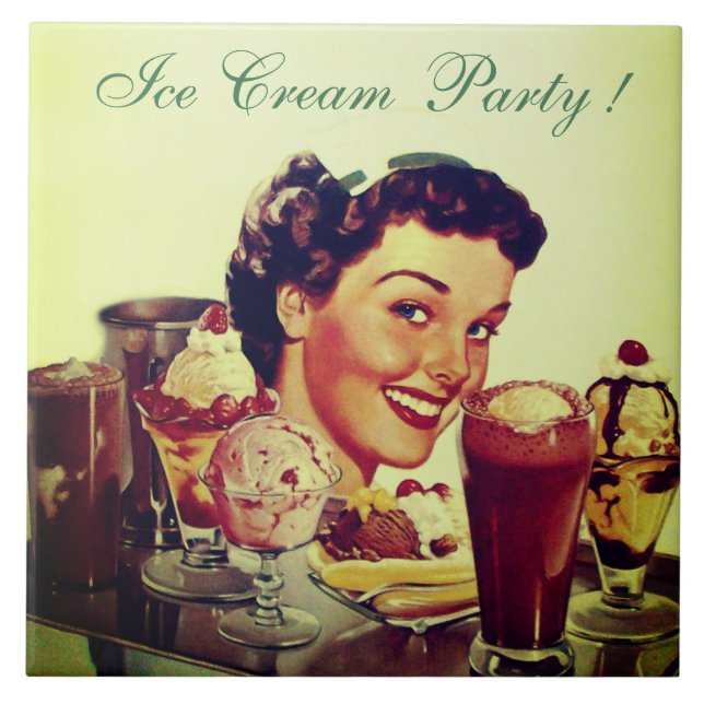 ICE CREAM PARTY Girl with Tray of Ice Creams Ceramic Tile (Front)