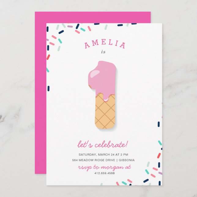 Ice Cream Party Kids Pink Birthday Invitation (Front/Back)