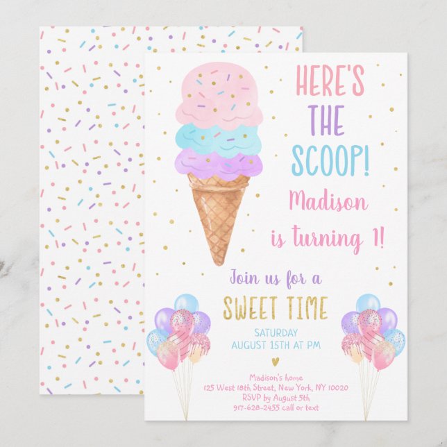 Ice Cream Pastel Here's The Scoop Birthday Invitation (Front/Back)