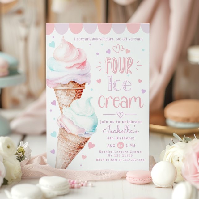 Ice cream pastel pink 4th Birthday  Invitation (Creator Uploaded)