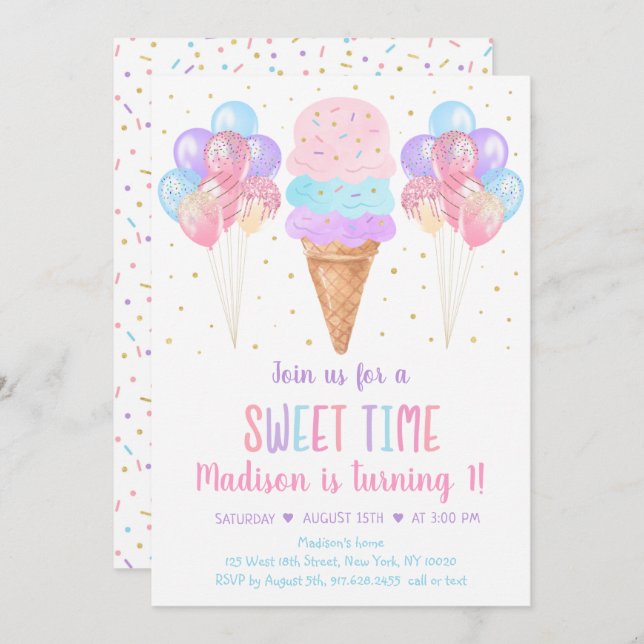 Ice Cream Pastel Rainbow Birthday Invitation (Front/Back)