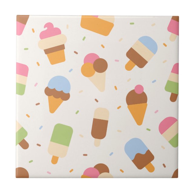 Ice Cream Pattern, Ice Cream Cone, Ice Popsicle Ceramic Tile (Front)