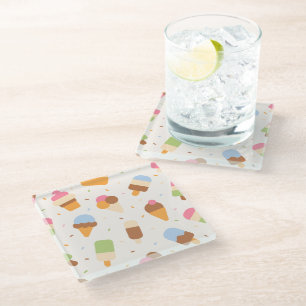 Ice Cream Pattern, Ice Cream Cone, Ice Popsicle Glass Coaster