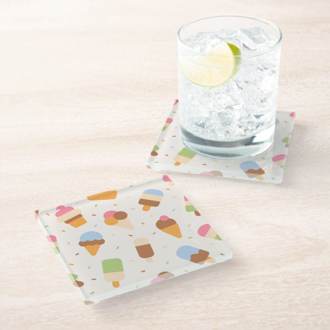 Ice Cream Pattern, Ice Cream Cone, Ice Popsicle Glass Coaster (Angled)