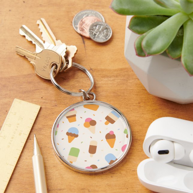 Ice Cream Pattern, Ice Cream Cone, Ice Popsicle Key Ring (Desk)