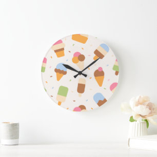 Ice Cream Pattern, Ice Cream Cone, Ice Popsicle Large Clock