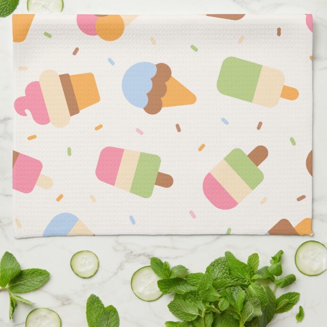 Ice Cream Pattern, Ice Cream Cone, Ice Popsicle Tea Towel (Folded)