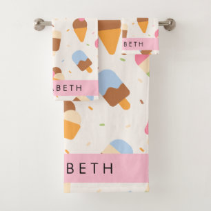 Ice Cream Pattern, Ice Cream Cone, Your Name Bath Towel Set