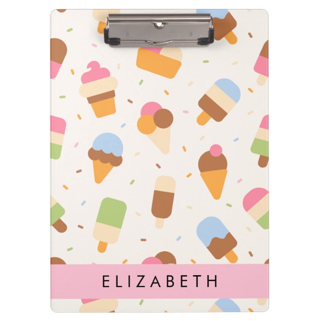 Ice Cream Pattern, Ice Cream Cone, Your Name Clipboard (Front)