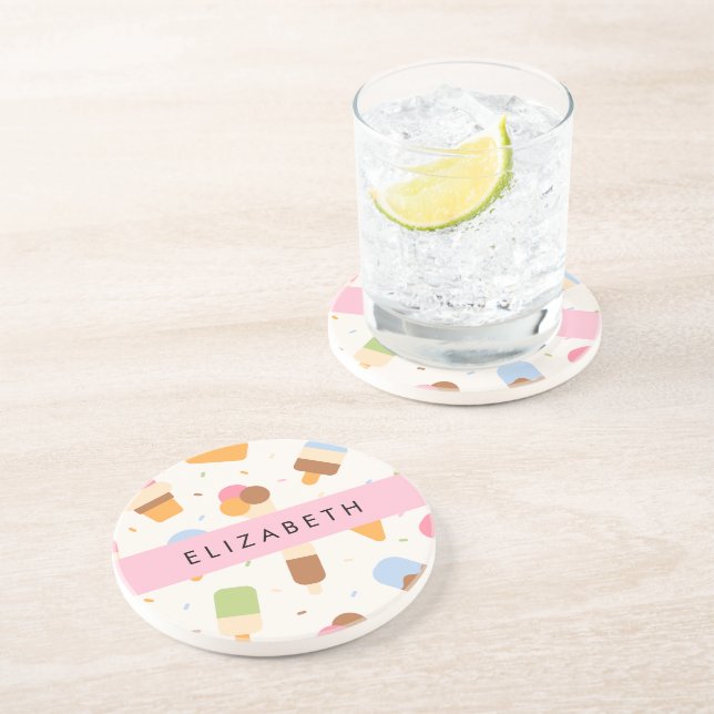 Ice Cream Pattern, Ice Cream Cone, Your Name Coaster (Side)