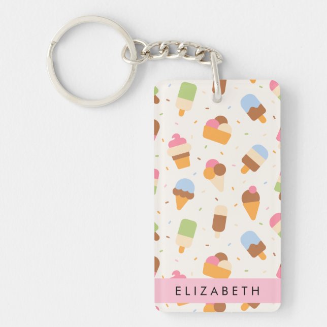 Ice Cream Pattern, Ice Cream Cone, Your Name Key Ring (Front)
