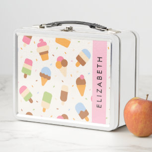 Ice Cream Pattern, Ice Cream Cone, Your Name Metal Lunch Box