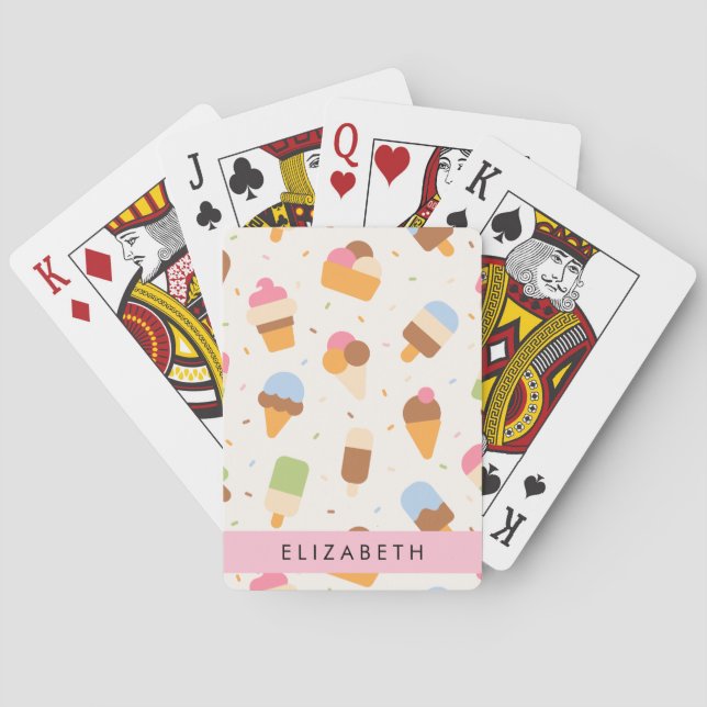 Ice Cream Pattern, Ice Cream Cone, Your Name Playing Cards (Back)