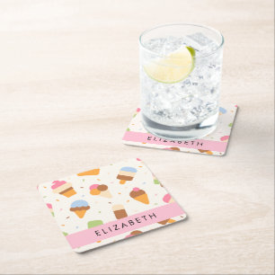 Ice Cream Pattern, Ice Cream Cone, Your Name Square Paper Coaster