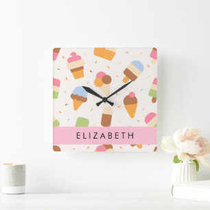 Ice Cream Pattern, Ice Cream Cone, Your Name Square Wall Clock