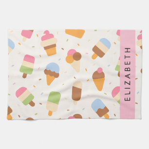 Ice Cream Pattern, Ice Cream Cone, Your Name Tea Towel