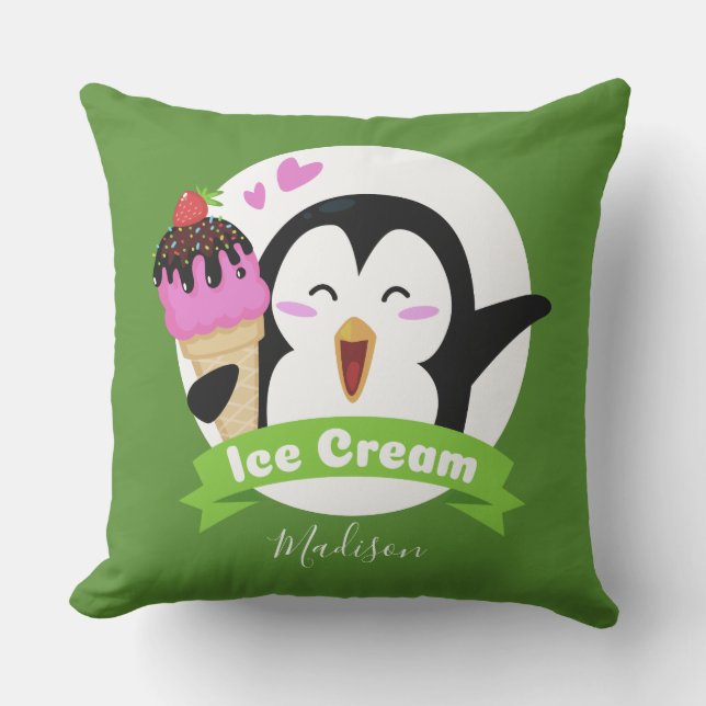 Ice Cream Penguin custom name & colour throw pillo Cushion (Front)