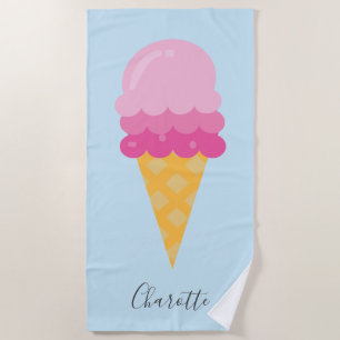 Ice cream pink blue monogram script beach towel