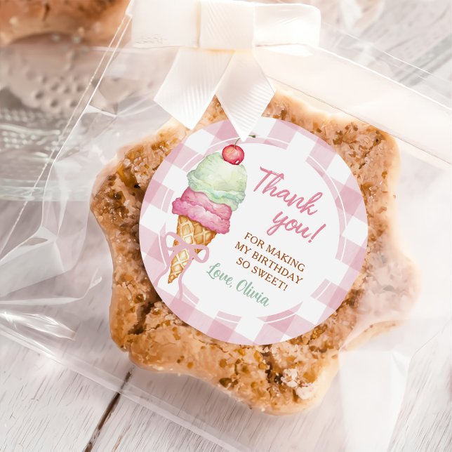 Ice Cream Pink Bow Gingham Birthday Party Classic Round Sticker (Creator Uploaded)