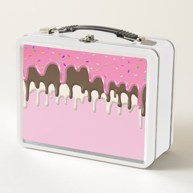 Ice cream pink frosting sprinkles drip metal lunch box (Front)