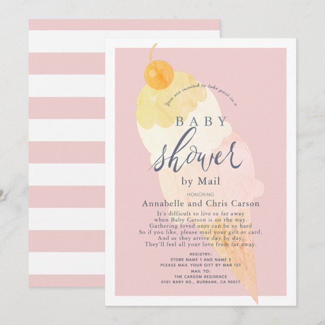 Ice Cream Pink Girl Baby Shower by Mail Invitation (Front/Back)