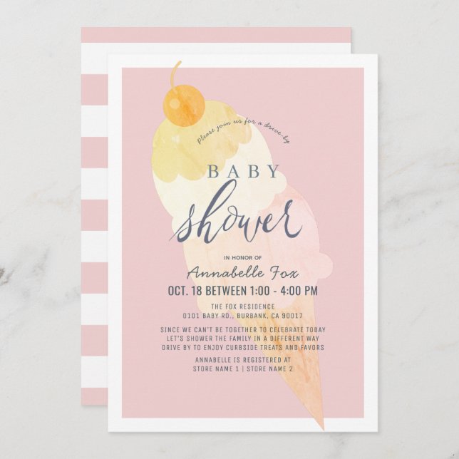 Ice Cream Pink Girl Drive-by Baby Shower Invitation (Front/Back)