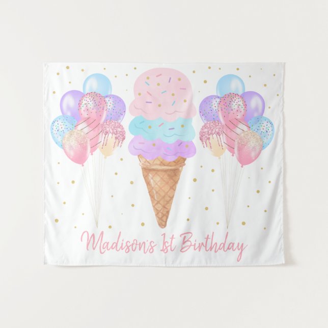 Ice Cream Pink Gold Pastel Birthday Backdrop Tapestry (Front (Horizontal))