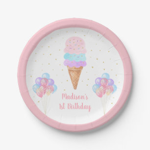 Ice Cream Pink Gold Pastel Birthday Paper Plate
