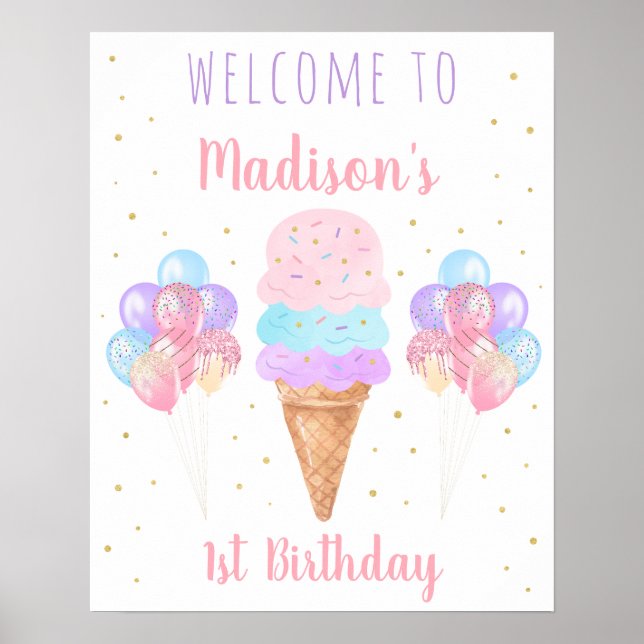 Ice Cream Pink Gold Pastel Birthday Welcome Poster (Front)