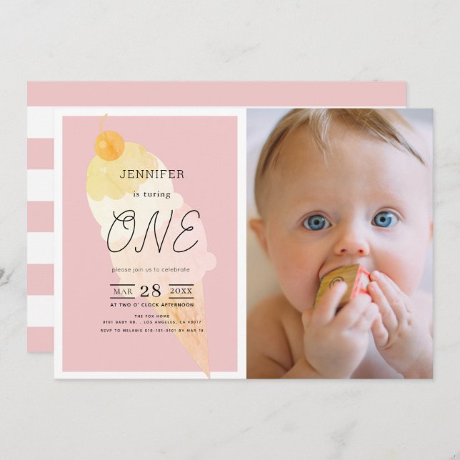Ice Cream Pink Stripe Girl 1st Birthday Invitation (Front/Back)