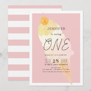 Ice Cream Pink Stripe Girl 1st Birthday Invitation