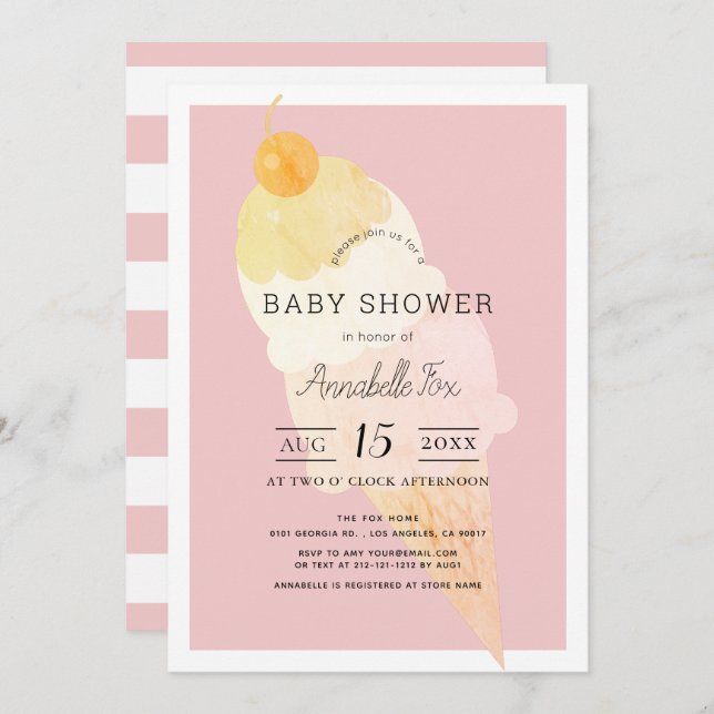 Ice Cream Pink Stripe Girl Baby Shower Invitation (Front/Back)