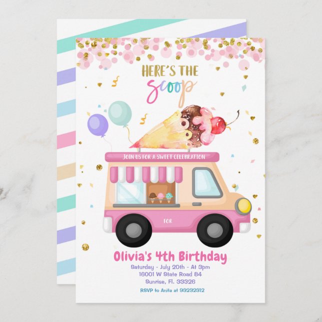 Ice Cream Pink Truck Sweet Time Birthday  Invitation (Front/Back)