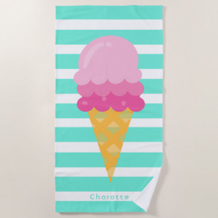 Ice cream pink white turquoise stripes monogram beach towel