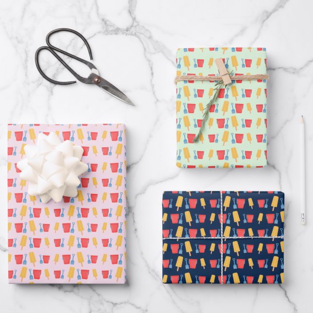 Ice Cream Pop and Sandcastle Bucket Shovel Pattern Wrapping Paper Sheet (Front)