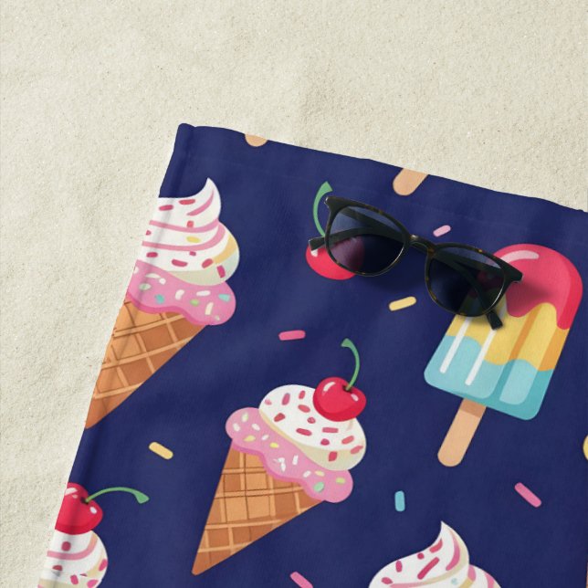 Ice cream, popsicles and cherries pattern beach towel (In Situ)