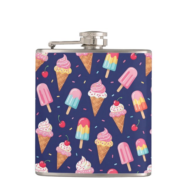 Ice cream, popsicles and cherries pattern hip flask (Front)