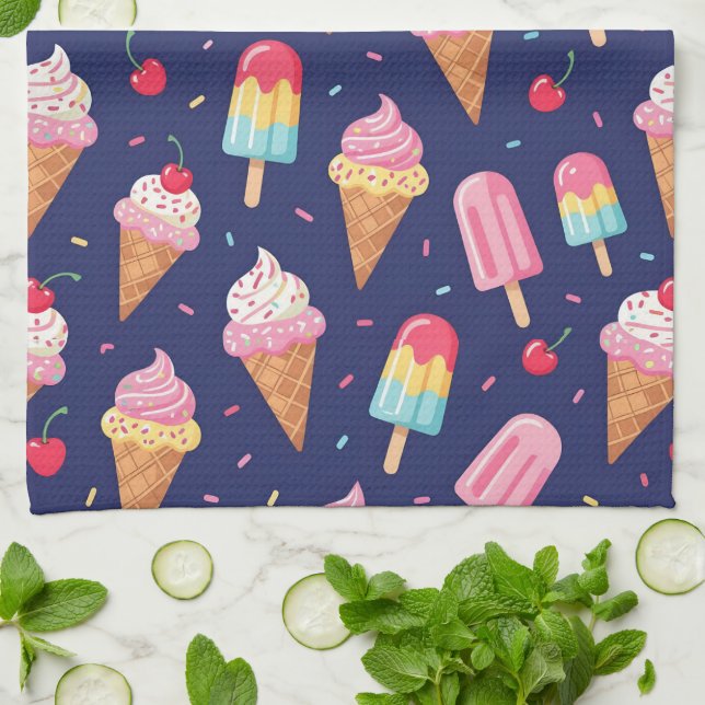 Ice cream, popsicles and cherries pattern tea towel (Folded)