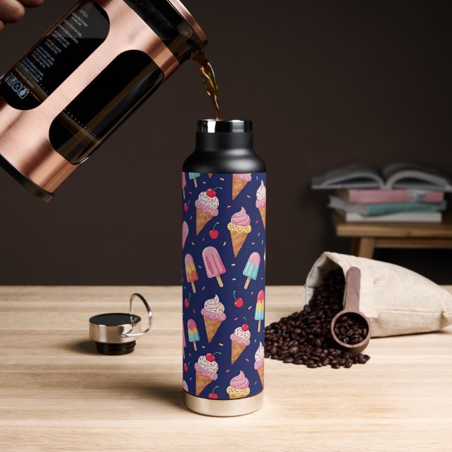 Ice cream, popsicles and cherries pattern water bottle (Coffee (Rotated))