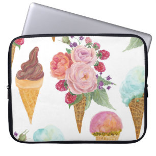 Ice-cream, raspberries: watercolor pattern. laptop sleeve