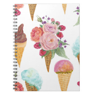 Ice-cream, raspberries: watercolor pattern. notebook
