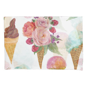 Ice-cream, raspberries: watercolor pattern. pillowcase