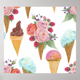 Ice-cream, raspberries: watercolor pattern. poster
