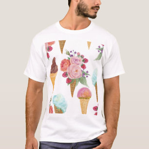 Ice-cream, raspberries: watercolor pattern. T-Shirt