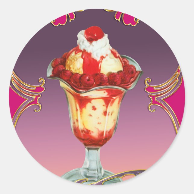 Ice Cream Raspberry Sundae Sweet Classic Round Sticker (Front)