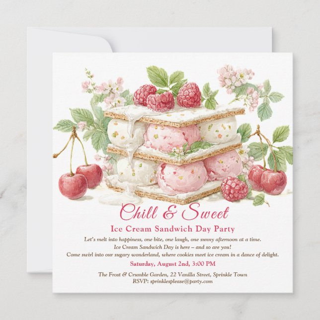 Ice Cream Sandwich Day Watercolor Invitation  (Front)