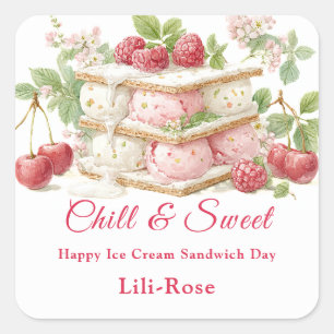 Ice Cream Sandwich Day Watercolor  Square Sticker