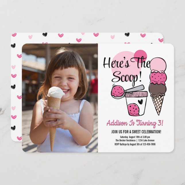 Ice Cream Scoop Birthday Party Photo Invitation (Front/Back)