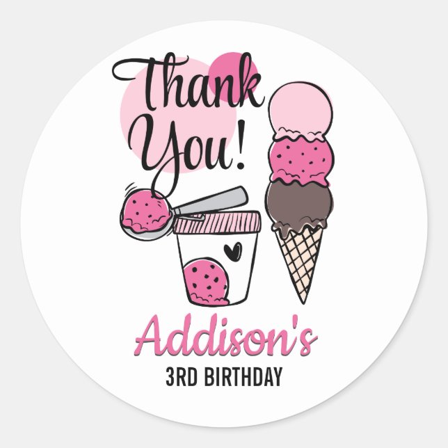 Ice Cream Scoop Birthday Party Thank You Sticker (Front)