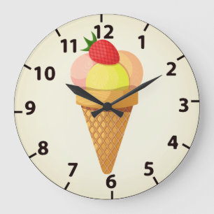 Ice cream scoops and strawberry in waffle cone large clock